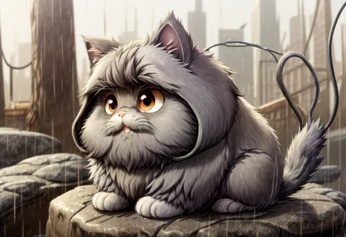 keeshond,birman,rain cats and dogs,pomeranian,pekingese,japanese chin,gray cat,cats angora,rainy day,grumpy,crying baby,siberian cat,gray kitty,nebelung,rainy,sorrow,cute cartoon character,canidae,breed cat,melancholy