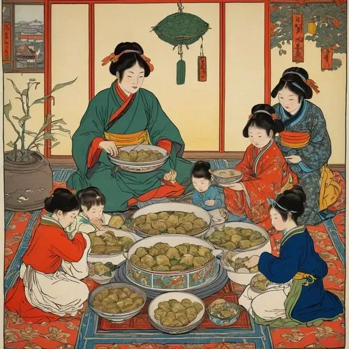 korean royal court cuisine,oriental painting,huaiyang cuisine,korean culture,singingbowls,traditional food,zhajiangmian,bowl of rice,kimchijeon,tea ceremony,anhui cuisine,rice dish,novruz,asian culture,khokhloma painting,tibetan food,mother with children,eastern food,khinkali,chinese art,Illustration,Retro,Retro 11