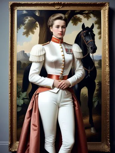 Karl stands at attention in front of the impressive equestrian portrait of his respectable Prussian girlfriend, Colonel-General Viktoria-Louise von Manteuffel.,a painting of a young woman in a uniform