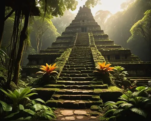 tikal,yavin,step pyramid,amazonica,stairway to heaven,chichen itza,mayan,pakal,stone pyramid,palenque,stairs to heaven,tempel,belize,eastern pyramid,pyramid,stone stairway,pyramide,azteca,the mystical path,pachamama,Art,Classical Oil Painting,Classical Oil Painting 08