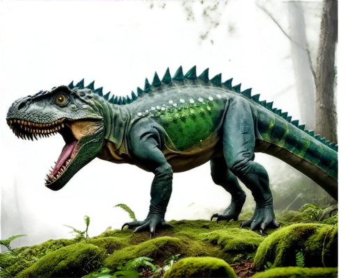 Prehistoric dinosaur, green scaly skin, sharp teeth, powerful legs, strong tail, ancient forest, misty atmosphere, dynamic movement, close-up shot, 3/4 composition, warm color tone, cinematic lighting