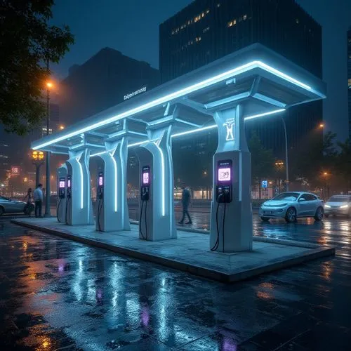 Urban charging station, modern architecture, sleek design, LED lights, futuristic feel, cityscape background, skyscrapers, bustling streets, night scene, neon lights reflecting off wet pavement, rain-