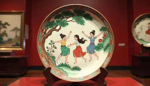 Large Chinese enamel plate, nymphs gymnastic scene, Ming Dynasty, on display in a museum by artist "anime", Anime Key Visual, Japanese Manga, Pixiv, Zerochan, Anime art, Fantia,some pretty decorative 