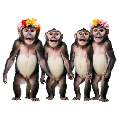 Cute monkeys, four friends, holding hands, standing in a row, different facial expressions, big round eyes, fluffy fur, white bellies, colorful tropical flowers on heads, vibrant green leaves, soft wa