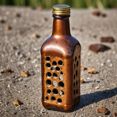 bottle made of ((rust metal)) with golden cap, holes like in cheese,isolated bottle,bottle surface,bee hotel,bottle corks,drift bottle,beer bottle,beer bottles,bottle of oil,bee house,honeycomb stone,