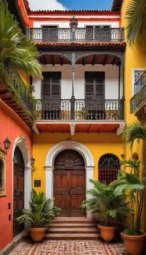 Colonial architecture, Colombia, vibrant colors, ornate decorations, wooden doors, balconies with intricate ironwork, red-tiled roofs, white-washed walls, Baroque-style facade, palm trees, tropical pl