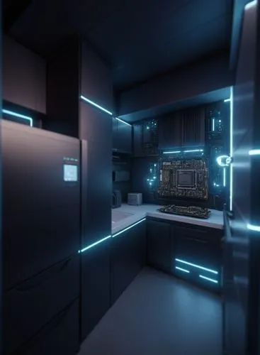 a room in the dark with a stove and refrigerator,spaceship interior,voxels,3d render,voxel,galley,arktika,spacelab,3d rendered,render,the server room,airlock,rorqual,physx,3d rendering,supercomputer,u