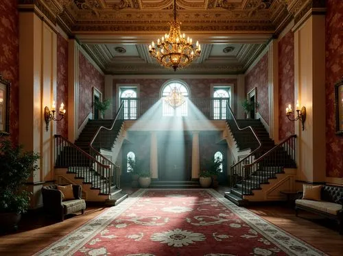 hallway,entrance hall,sapienza,corridors,foyer,lobby,ballroom,cochere,radiosity,ornate room,entranceway,grandeur,corridor,anteroom,staircase,opulence,deakins,opulently,royal interior,greystone