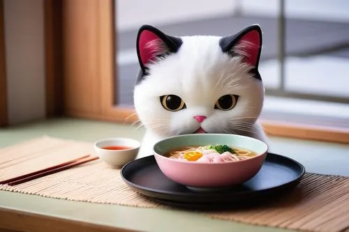 Kawaii Hello Kitty, cute face, pink bow, white fur, whiskers, slurping ramen noodles, steaming hot bowl, savory broth, chopsticks, Japanese-style table setting, low seat, tatami mat floor, Shoji scree