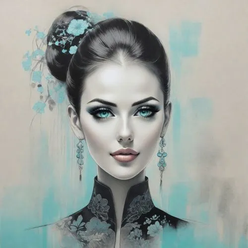 fashion illustration,geisha girl,geisha,chinese art,art painting,fantasy portrait,mystical portrait of a girl,jasmine blue,fantasy art,woman face,blue painting,oil painting on canvas,boho art,teal blue asia,young woman,girl portrait,world digital painting,meticulous painting,romantic portrait,oriental princess,Digital Art,Ink Drawing