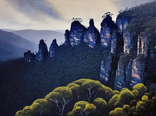 blue mountains,zhangjiajie,yellow mountains,mountainous landscape,huangshan maofeng,wuyi,mountain landscape,sandstone rocks,the twelve apostles,karst landscape,yunnan,escarpment,fairyland canyon,mountain scene,high landscape,guizhou,danyang eight scenic,mount scenery,forest landscape,rocky hills,Illustration,Abstract Fantasy,Abstract Fantasy 18