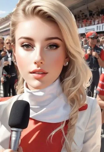 motogp,realdoll,tv reporter,nascar,sports commentator,mic,f1,sports girl,indycar series,headset profile,tiktok icon,blonde girl,premiere,blonde woman,cameraman,benz,alfa,formula one,motorboat sports,auto show zagreb 2018