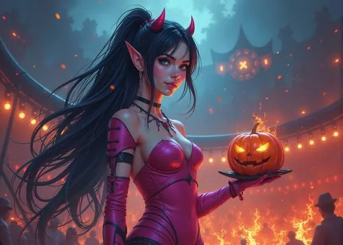 the girl is holding a pumpkin in front of an image,demoness,halloween background,halloween wallpaper,marceline,halloween illustration,samhain,Illustration,Realistic Fantasy,Realistic Fantasy 30