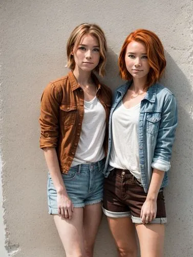 Two lovely girls with a neat hairstyle and freckles stand in front of a wall.,two girls standing by one another near a building,zella,redheads,jean jacket,riverdale,genes,jean shorts