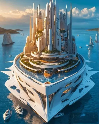 Удалить, на воде нет земли,an aerial view of a futuristic city on a large white boat in the water,futuristic architecture,futuristic landscape,seasteading,atlantis,valerian,utopian