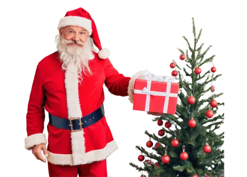 Christmas Eve, festive atmosphere, snowy night, candles lit, Santa hat, red coat, white beard, happy smile, holding gift box, standing near decorated Christmas tree, sparkling lights, soft focus, warm