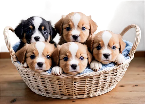 Adorable basket, 5-6 cute puppies, different breeds, fluffy fur, big round eyes, tiny noses, soft paws, curled up, sleeping, playful, wicker basket, natural wood texture, warm lighting, shallow depth 