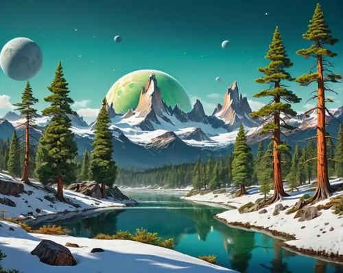 cartoon video game background,fantasy landscape,landscape background,lunar landscape,ice planet,earth rise,christmas landscape,snowy mountains,terraformed,coniferous forest,world digital painting,mountainous landscape,spruce forest,futuristic landscape,mountain scene,mountain landscape,fantasy picture,snowy peaks,salt meadow landscape,alien planet,Conceptual Art,Sci-Fi,Sci-Fi 20