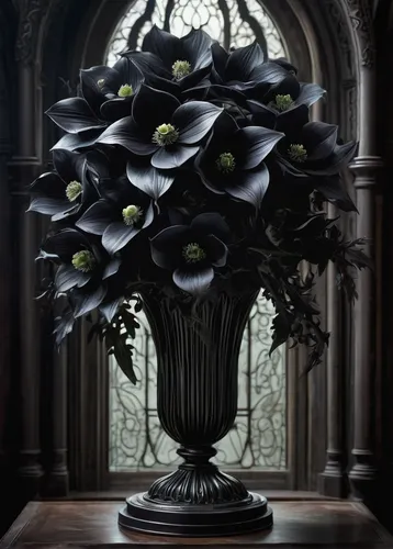 black hellebore,funeral urns,black rose,vase,flower vase,urn,flower arrangement,flower arrangement lying,black candle,centrepiece,artificial flowers,floral arrangement,datura,rosarium,dark green plant,widow flower,dark cabinetry,rose arrangement,crown of thorns,nelumbo,Conceptual Art,Sci-Fi,Sci-Fi 02