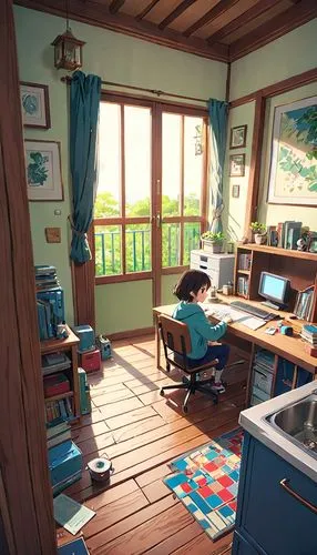 chomet,studio ghibli,writing desk,workspace,hosoda,japanese-style room,Anime,Anime,Realistic