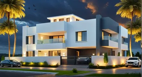 DARK GREY PROJECTED WALLS, GLASS, SPOT LIGHTING, CARS, LANDSCAPE, EVENING SKY BACK GROUND,modern house,residencial,3d rendering,townhomes,residential house,fresnaye,exterior decoration,beautiful home,