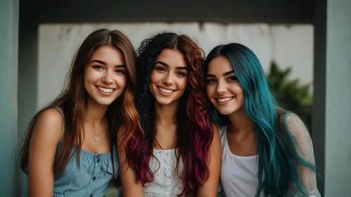 three friends,women friends,beautiful photo girls,trio,young women,jeans background,sisters,beautiful women,artificial hair integrations,friendly three,x3,color background,photographic background,tran