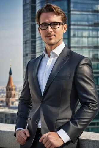 Bryan Thomas, male architect, 40s, bespectacled, short brown hair, casual smile, white shirt, black tie, dark grey suit, leather belt, black dress shoes, standing, in front of building model, modern s