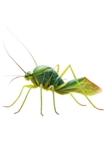 Cricket insect, multiple, green body, long antennae, large hind legs, detailed wings, natural texture, realistic, ambient light, shallow depth of field, warm color tone, 3/4 composition, soft focus, m