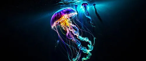 jellyfish collage,jellyfish,bioluminescent,bioluminescence,submergence,neon body painting