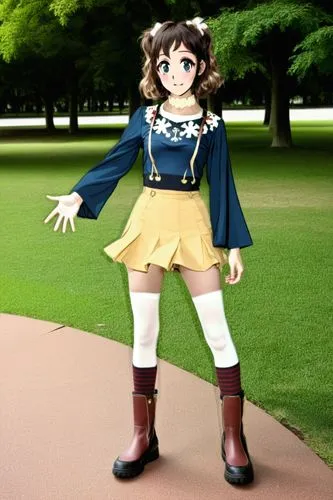 cosplay, idol, standing girl with short curly hair and bangs in light brown color, wearing a dark blue top with a white cross on the chest and a yellow pleated skirt. Accessories include dark red sock