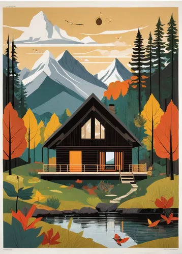 autumn camper,the cabin in the mountains,fall landscape,log cabin,summer cottage,cottage,autumn icon,house in mountains,log home,autumn idyll,autumn theme,lodge,autumn landscape,mountain huts,home landscape,small cabin,houses clipart,autumn mountains,house with lake,autumn decor,Illustration,Vector,Vector 13