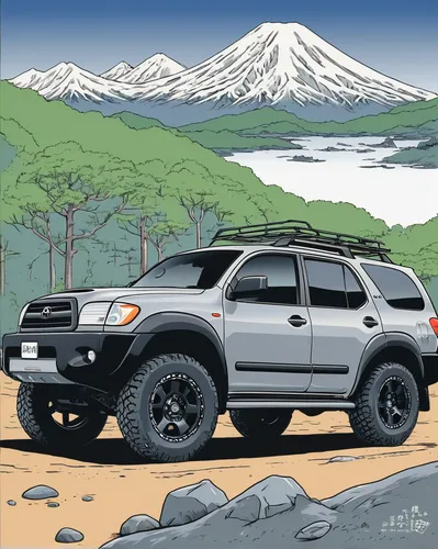 hand-drawn car advertisement, featuring a grey 1st generation 2005 Toyota Sequoia SUV with black offroad wheels, screen print, japanese text, minimalist colors, outdoor adventure, japanese text,toyota