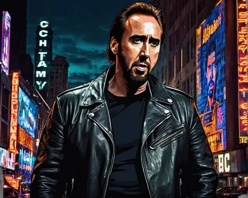 Nick Cage, Hollywood actor, 50yo, rugged beard, messy brown hair, intense eyes, leather jacket, black shirt, ripped jeans, boots, standing, city street, night, neon lights, billboards, urban atmospher