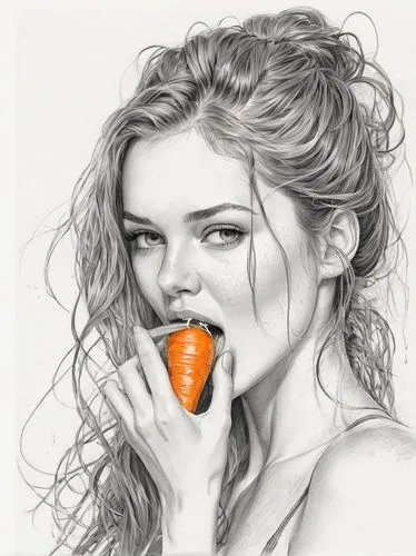 woman eating apple,orange fruit,carota,orange slice,mandarina,oranges,Illustration,Black and White,Black and White 30