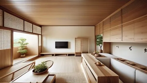 This design shows the living room and kitchenette in the spring Japanese style hot spring hotel suite that combines Japanese style with Puli culture. The main colors are teak wood and milk tea tones, 