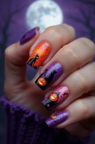 Nils Design, hallowen nails,
A close-up photo of a hand’s nails with Halloween-themed nail art, featuring black cats, orange pumpkins, and purple witches, against a backdrop of a spooky full moon nigh