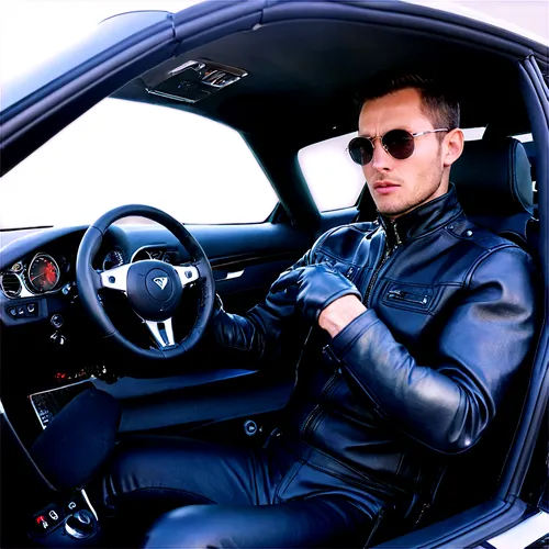 Sports car, male driver, 30s, short hair, sunglasses, serious expression, leather seat, steering wheel, racing gloves, pedals, dashboard, GPS navigation, windshield wipers, shiny metallic body, alloy 