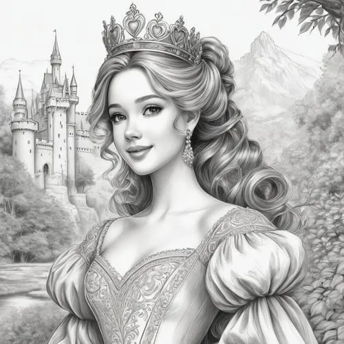 princess sofia,prinses,princess anna,fairy tale character,princess,prinzessin,Illustration,Black and White,Black and White 30