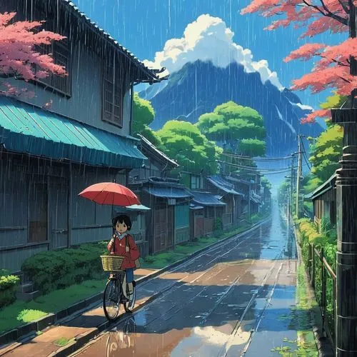 studio ghibli,after rain,rainy,walking in the rain,after the rain,rainy season,rainy day,summer umbrella,umbrellas,blue rain,japanese umbrellas,umbrella,rain,light rain,kyoto,rains,rainy weather,japanese umbrella,man with umbrella,golden rain,Illustration,Japanese style,Japanese Style 14