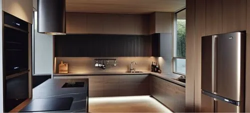 MODERN KITCHEN WITH WOOD FINISHES, DARK AND ELEGANT GRANITE. A REFRIGERATOR ON THE RIGHT AND A WINDOW OVER THE WASHING SINK. MINIMALIST AND MODERN FURNACE TOWER ON THE LEFT. ADD A ROMANTIC ATMOSPHERE,