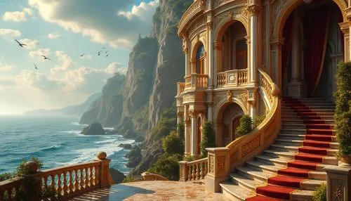 uncharted,cliffside,fantasy picture,dreamhouse,theed,fantasy landscape,cliffs ocean,dorne,rivendell,fantasy art,clifftop,dishonored,citadels,balcony,windows wallpaper,cesar tower,beautiful home,stairs to heaven,ocean view,outside staircase,Photography,General,Realistic