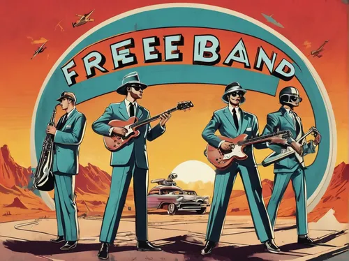 monkeys band,franz ferdinand,cd cover,beetles,jukebox,retro music,music band,pee,free fire,peg,fête,cover,peeler,pre,spotify,treeing feist,freezelight,pez,bang,pedestrian,Illustration,Retro,Retro 12