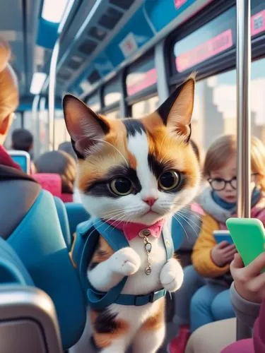 可愛的三花貓配備的擠在公車上,a cat dressed in a suit looks up while on a bus,cartoon cat,bus,animal train,train ride,commutes,public transportation,Photography,General,Realistic