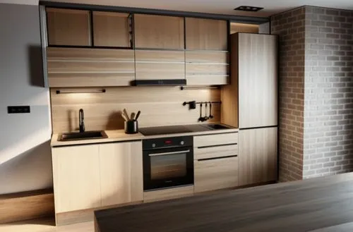 un moderno contrasto di colori tar ardesia e nero con finiturew ner a contrasto con il calore del legno regalano agli ambienti un tocco di calore sofisticato ,a kitchen has an oven, stove, and a sink,