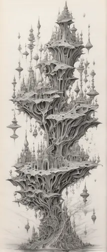 tower of babel,mushroom island,floating island,tree house,bird tower,floating islands,mushroom landscape,treehouse,artificial islands,animal tower,sci fiction illustration,bonsai,the vessel,the japanese tree,tree of life,apiarium,artificial island,escher,utopian,airships,Illustration,Black and White,Black and White 30