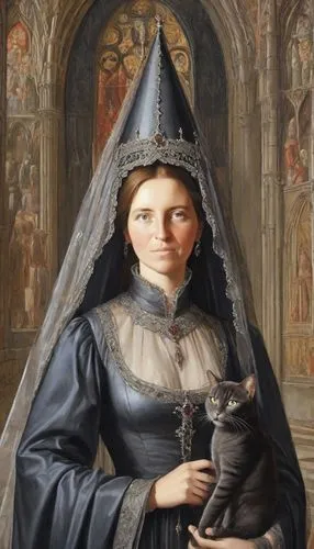 (((A tall and narrow Gothic cone with decoration on the back of a woman's head, the forehead and temples are wrapped in dark cloth, and on the cone there is a transparent dark flowing veil: 1,5+++))) 