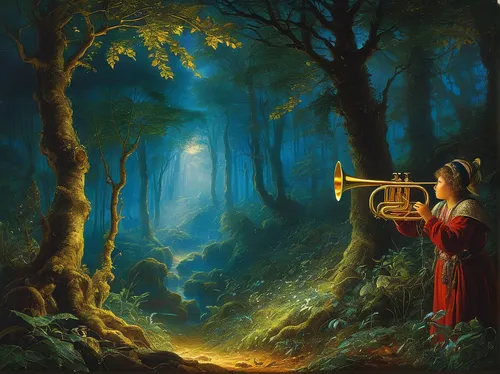 Experience the enchanting notes of a golden trumpet echoing through a misty forest.,the flute,trumpet of jericho,flautist,harp player,trumpet player,trumpeter,trumpet climber,trumpet,gold trumpet,woma