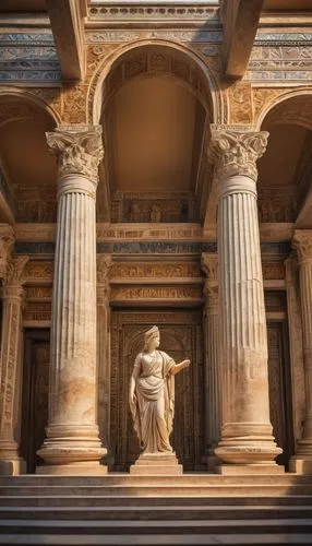 Ancient Greek temple, grandiose, majestic columns, ornate carvings, marble texture, intricate sculptures, symmetrical façade, towering arches, rustic stone walls, vibrant frescoes, detailed moldings, 