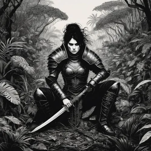 female warrior,huntress,warrior woman,swordswoman,morwen,dark elf,Illustration,Black and White,Black and White 09