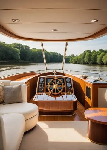 narrow boat, luxury yacht, modern interior, sleek lines, polished wood panels, cream-colored leather sofas, marble countertops, floor-to-ceiling windows, soft golden lighting, cozy atmosphere, minimal